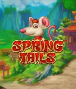 A whimsical illustration of a white rat dressed in traditional Chinese attire positioned in front of a vibrant landscape with mountains. The image represents the Spring Tails Slot by Betsoft, showcased with striking red and gold logo lettering.